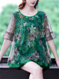 Elegant Round Neck Floral Print Smooth Chiffon Shirt for Lady