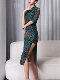 Women's Classy Stand Collar Half Sleeve High Split Jacquard Qipao