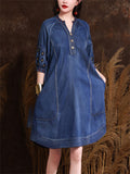 Ethnic Style Embroidery Women's V Neck Puff Sleeve Denim Dress