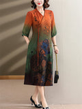 Retro Lotus Leaf Print V Neck Half Sleeve Dress for Lady