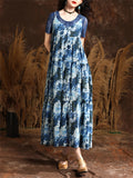 Women's French Style Daisy Print Blue Midi Dress