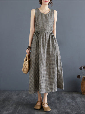 Retro Plaid Sleeveless Cotton Linen Midi Dress for Women