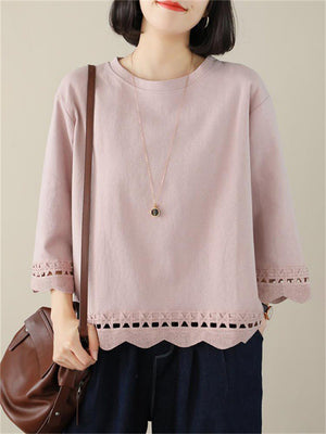 Female Lace Patchwork Crew Neck 3/4 Sleeve Shirt