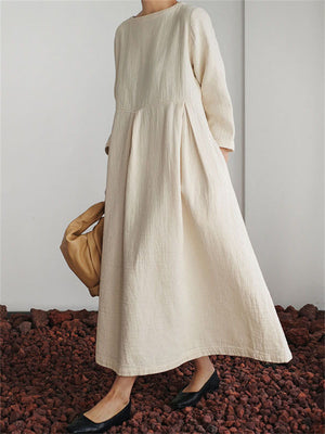 Oversized Round Neck Cotton Linen Pleated Dress for Lady