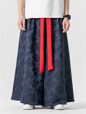 Men's Chinese Style Red Strap Jacquard Satin Pants