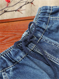 Female Leisure High-Rise Drawstring Embroidery Washed Denim Pants