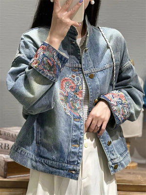 Women's Mythical Phoenix Embroidery Stand Collar Blue Denim Jacket