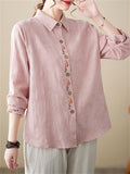 Female Chinese Floral Embroideried Lapel Button Up Linen Shirt