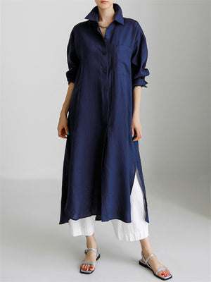 Vogue Single-Breasted Side Split Mid-Length Shirt Dress for Lady