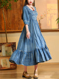 Ladies Elegant Scoop Neck High-Rise Ruffled Hem Denim Dress