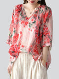 Beautiful Plum Blossom Print V Neck Short Sleeve Shirt for Women