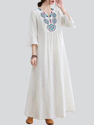 Cotton Linen 3/4 Sleeve V-neck Dress for Women