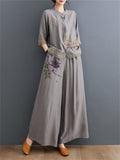 Floral Embroidered Shirt + Wide Leg Pants Female Two Piece Set