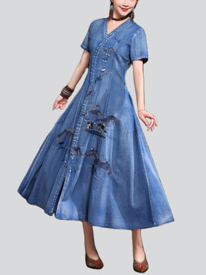 Elegant V Neck Short Sleeve Vintage Embroidery Dress for Women