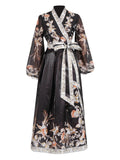 Ethnic Bird & Flower Print Lantern Sleeve Lace Up Dress for Women