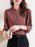 Women's Ruffled Collar Print Decorative Button Faux Silk Shirt