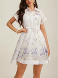 Female Lapel Short Sleeve Printed Tie Dresses