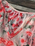 Beautiful Plum Blossom Print V Neck Short Sleeve Shirt for Women