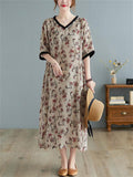 Female Retro Print V Neck Short Sleeve Linen Loose Dress