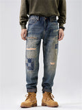 Stylish Patchwork Design High-Rise Ripped Blue Jeans for Men