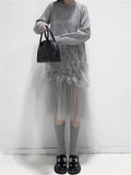 Fashion Transparent Mesh Patchwork Grey Knitted Dress for Lady