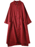 Women's Vintage Red Lapel Button Up Mid-Length Shirt Dress