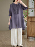 Female Leisure Cotton Linen 3/4 Sleeve Mid-Length Shirt