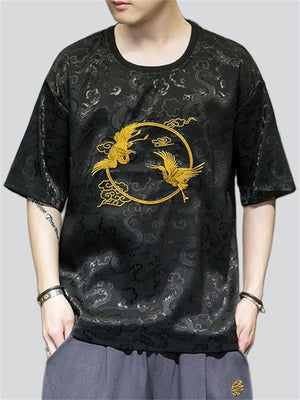 Men's Vintage Golden Crane Embroidery Summer Short Sleeve Shirt