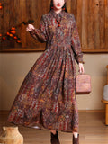 Female Lapel Long Sleeve Retro Print Pleated Long Dress