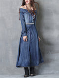 Women's Off-shoulder Pocket Denim Dress with Embroidered Belt