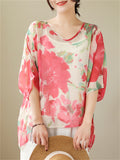 Sweet Red Floral Print See-Through Summer Shirt for Women