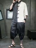 Male Color-blocked Shirt + Cropped Pants Silky Suits