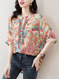 Colored Drawing Print V Neck Half Sleeve Rhinestone Shirt for Lady