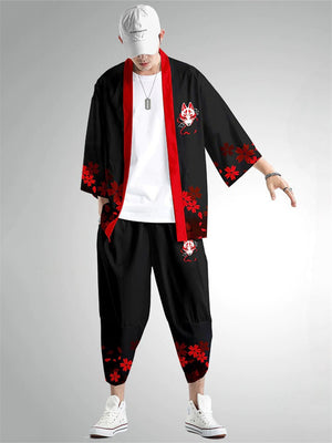 Men's Anime Red Fox Sakura Print Cardigan Shirt Casual Pants