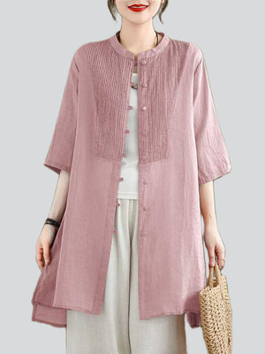 Female Leisure Cotton Linen 3/4 Sleeve Mid-Length Shirt