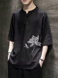 Lotus Flower Dragonfly Embroidered Men's Half Sleeve Shirts