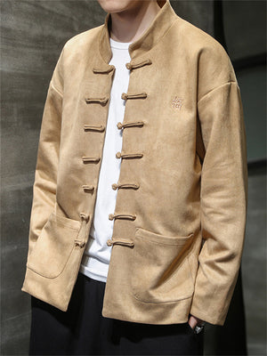 Men's Unique Hanzi Embroidery Knot Button Faux Suede Jacket