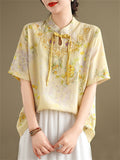 Ginkgo Leaf Print Stand Collar Tassel Button Female Shirt