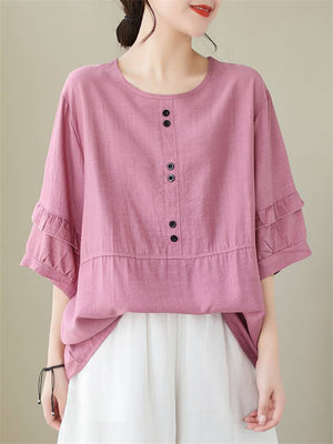 Women's Decorative Button Round Neck Relaxed Pullover Shirt