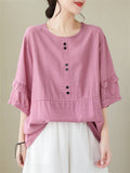 Women's Decorative Button Round Neck Relaxed Pullover Shirt