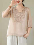 Leaf Flower Embroidered Women's Half Sleeve V-Neck Shirt