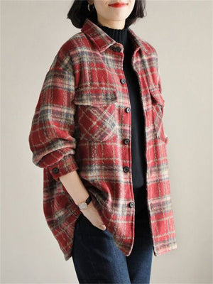 Female Autumn Winter Thickened Mid-length Lapel Plaid Jacket