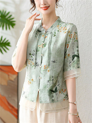 Women's Spring Blossoms Hanzi Print Chiffon Shirt