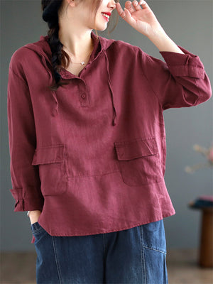 Plain Cotton Linen Long Sleeve Hooded Shirt for Women