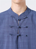 Men's Chinese Style Stand Collar Short Sleeve Linen Plaid Shirt