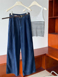 Female Classic High Waist Straight-Leg Blue Jeans with Belt