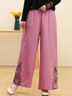 Ethnic Side Floral Embroidery Straight-Leg Pants for Women