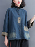 Distressed Patch Splicing Female Snap Button Denim Jacket