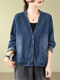 Ladies Korean Style V-Neck Button Up Short Denim Jacket