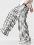 Asian High Street Style Plaid Cotton Linen Wide Leg Pants for Men